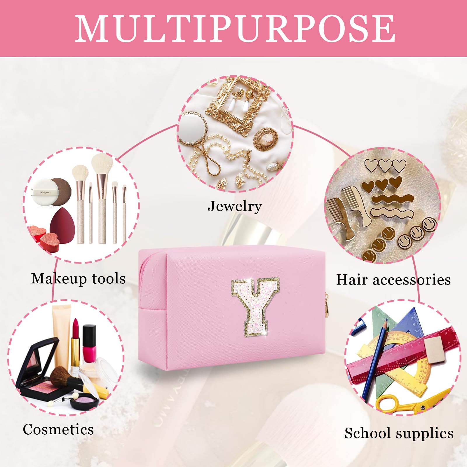 Initial Letter Patch Makeup Bag, Preppy Glitter Letter Pouch Cosmetic Bag,Small PU Travel Toiletry Bag Zipper,Personalized Monogrammed Gift for Friends Sister,Cute Stuff for Women Teen Girls(Letter Y)
