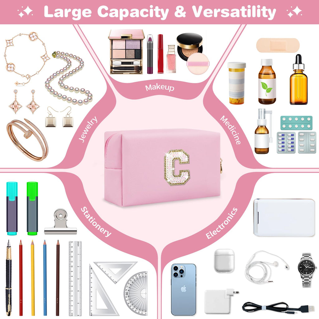Small Personalized Initial A-Z Patch Makeup Bag,Pink Cute PU Leather Glitter Letter Cosmetic Bag for Teen Girls,Travel Toiletry Bag with Zipper,Preppy Monogrammed Birthday Gift for Daughter Niece C
