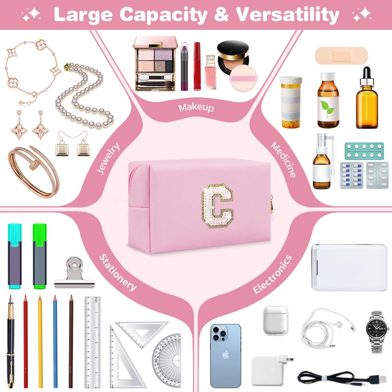 Small Personalized Initial A-Z Patch Makeup Bag,Pink Cute PU Leather Glitter Letter Cosmetic Bag for Teen Girls,Travel Toiletry Bag with Zipper,Preppy Monogrammed Birthday Gift for Daughter Niece C