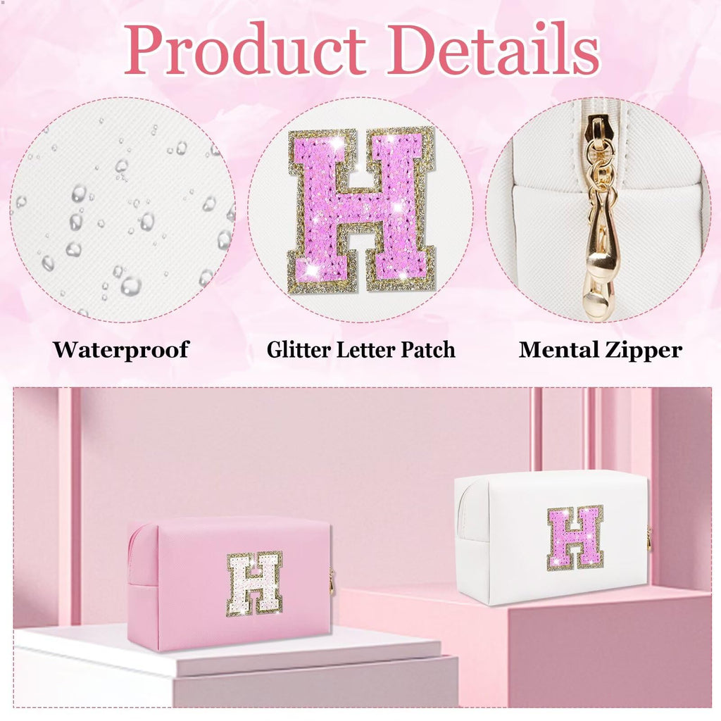 Glitter Initial Letter Makeup Bag, Small Personalized Sequins Letters PU Leather Cosmetic Bag Portable Waterproof Makeup Zipper Pouch, Shine Handbag Organizer Travel Bag Gifts for Women&Girls(White-H)