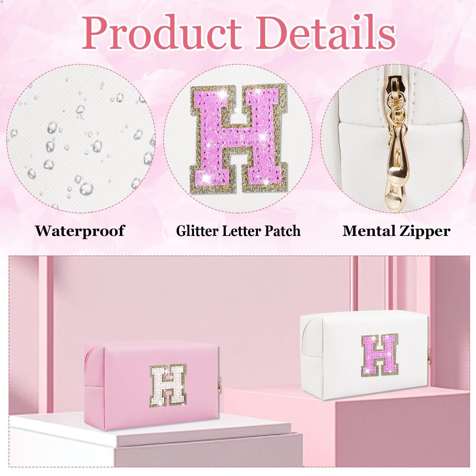 Glitter Initial Letter Makeup Bag, Small Personalized Sequins Letters PU Leather Cosmetic Bag Portable Waterproof Makeup Zipper Pouch, Shine Handbag Organizer Travel Bag Gifts for Women&Girls(White-H)