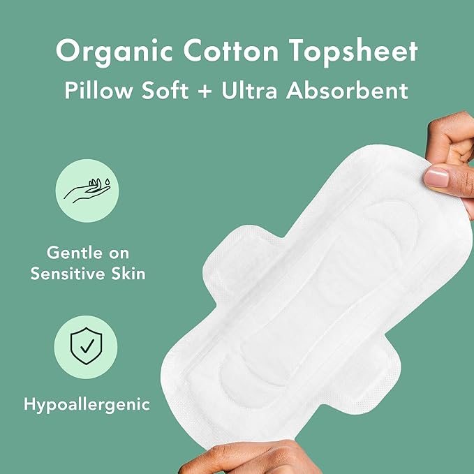 Rael Organic Cotton Cover Pads with Wings - Regular Absorbency, Unscented, Ultra Thin for Women (Regular, 42 Count)