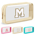 UIXIZQ Personalized Initial Letter Bag Boho Straw Clear Makeup Bag,Small Cute Chenille Varsity Letter Bag With Zipper,Beach Travel Toiletry Bag,Portable Monogrammed Cosmetic Bag for Women Girls,M