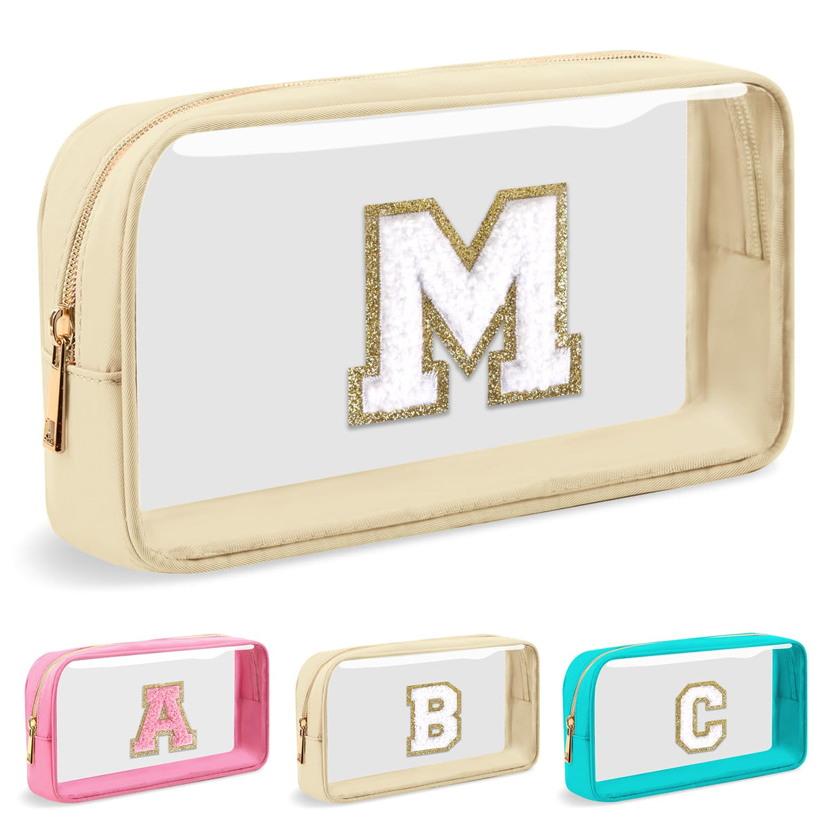 UIXIZQ Personalized Initial Letter Bag Boho Straw Clear Makeup Bag,Small Cute Chenille Varsity Letter Bag With Zipper,Beach Travel Toiletry Bag,Portable Monogrammed Cosmetic Bag for Women Girls,M