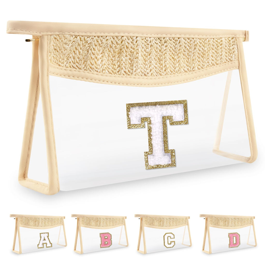 UIXIZQ Personalized Initial Letter Bag Boho Straw Clear Makeup Bag,Small Cute Chenille Varsity Letter Bag With Zipper,Beach Travel Toiletry Bag,Portable Monogrammed Cosmetic Bag for Women Girls,T