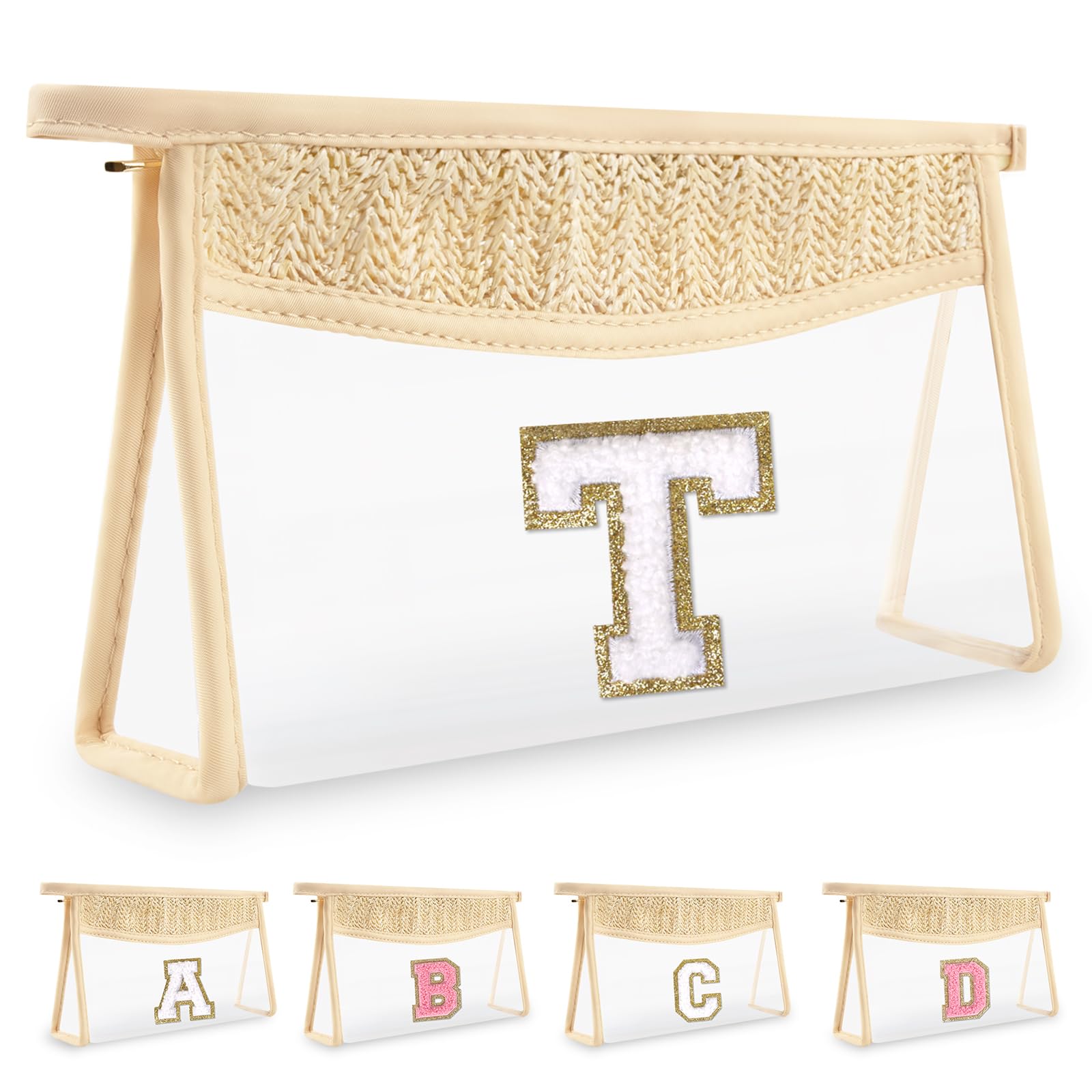 UIXIZQ Personalized Initial Letter Bag Boho Straw Clear Makeup Bag,Small Cute Chenille Varsity Letter Bag With Zipper,Beach Travel Toiletry Bag,Portable Monogrammed Cosmetic Bag for Women Girls,T