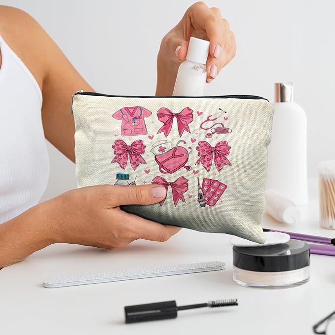 RYYCDOI Coquette Pink Bow Nurse Makeup Bag, Nurse Gifts for Women Cosmetic Bags, Nurse Week Gifts Makeup Pouch, Nurse Appreciation Gifts Zipper Pouch