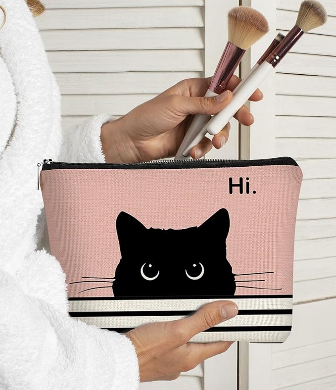 BARPERY Cute Cat Makeup Bag - Black & Pink, Small Cosmetic Bag for Women & Girls, Birthday Gift for Cat Lovers & Owners