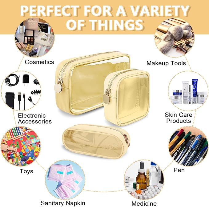 UIXIZQ Clear Mini Makeup Bag for Purse, Small Nylon&PVC Cosmetic Bag TSA Approved Toiletry Bag with Zipper, Transparent Travel Bag Coin Purse for Women Men Girls(Beige)