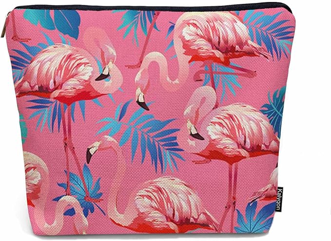 Kalygon Flamingo Makeup Bag For Women, Adorable Cosmetic Pouch With Tropical Leaves Palms Pattern, Pink Zipper Travel Toiletry Organizer For Gym and Bathroom