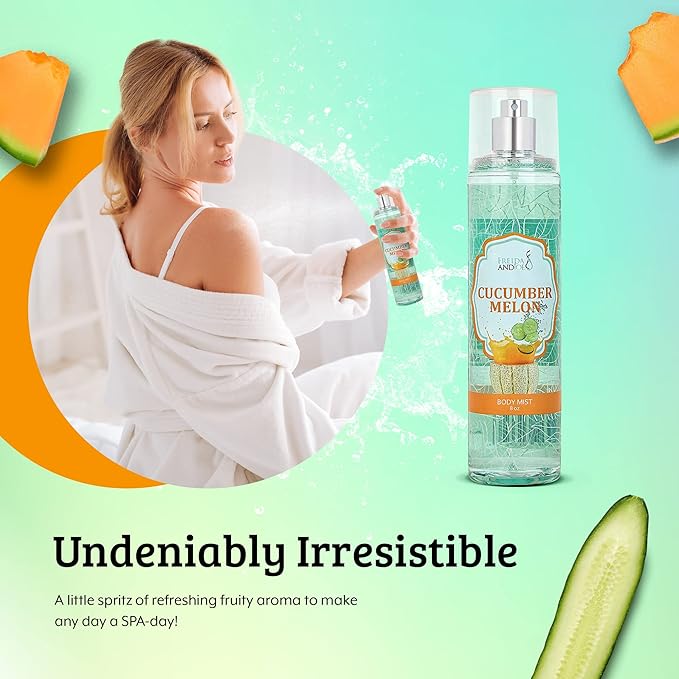 Freida and Joe Cucumber Melon Fine Fragrance Body, Womens Perfume Fragrance Body Mist & Sprays, Women's Refreshing Scented Gifts & Presents 8 oz Fine Mist Spray Bottle – Mother's Day Gift for Mom