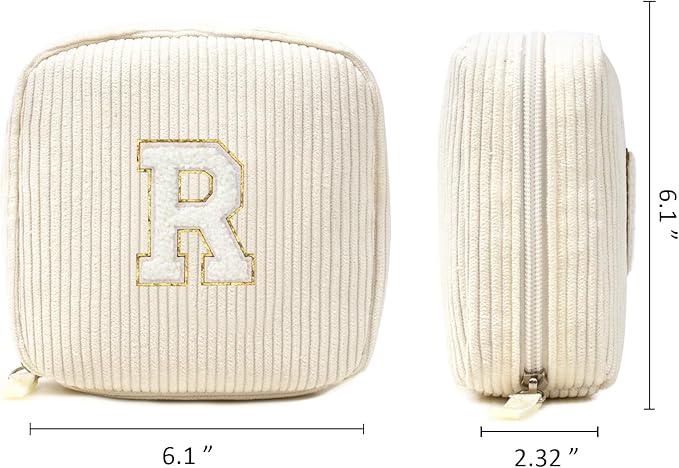 LETGO Cute Monogram Personalized Initial Makeup Bags Cosmetic Pouch Make Up Case - Friendship, Sister, Teacher Gifts for Women (Letter R, Beige)