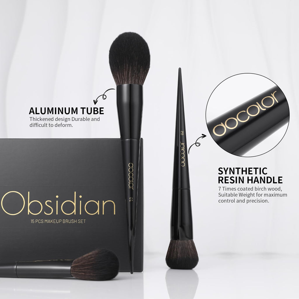 Docolor Makeup Brushes 15Pcs Obsidian Makeup Brush Set Premium Synthetic Powder Kabuki Foundation Contour Blush Concealer Eye Shadow Blending Eyeliner Crease Eyebrow Make Up Brush Kit