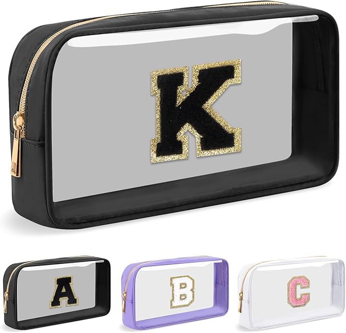 UIXIZQ Personalized Initial Letter Clear Makeup Bag,Preppy Small Nylon&PVC Cosmetic Zipper Bag with Chenille Letter,Travel Skincare Toiletry Bag,Monogram Christmas Gift for Teen Girls Women,K