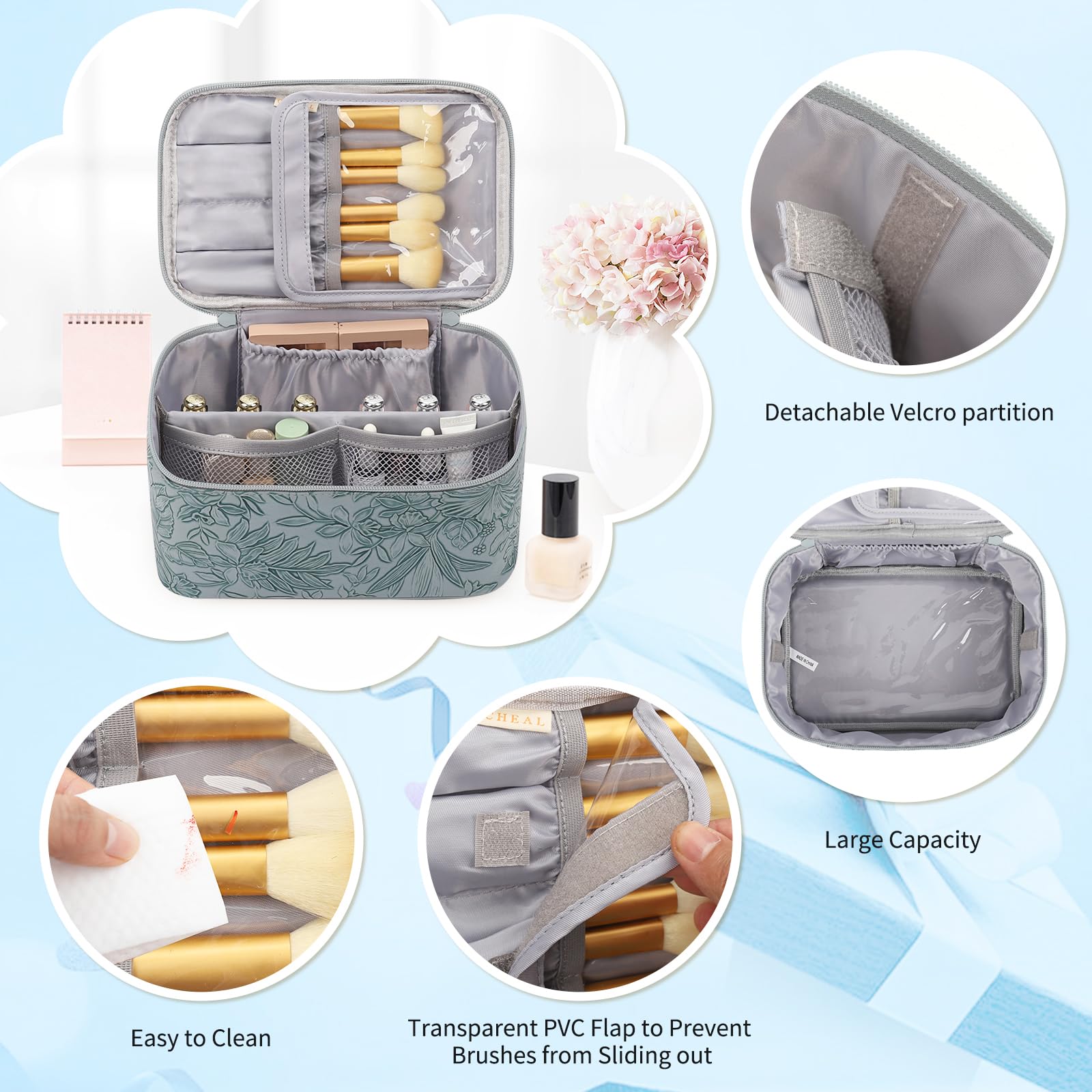 OCHEAL Makeup Bag Set, Portable Travel Makeup Bags Cosmetic Organizer Bag for Women Cute Floral Cosmetic Pouch Large Capacity Make up Bag PU Leather Toiletry Bags with Divider and Handle-Blue