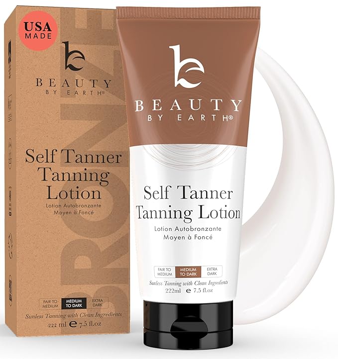 Beauty by Earth Self Tanner - USA Made with Natural & Organic Ingredients, Moisturizing Self Tanning Lotion with Aloe Vera & Coconut for a Natural Glow, Streak-Free Fake Tan (Medium)