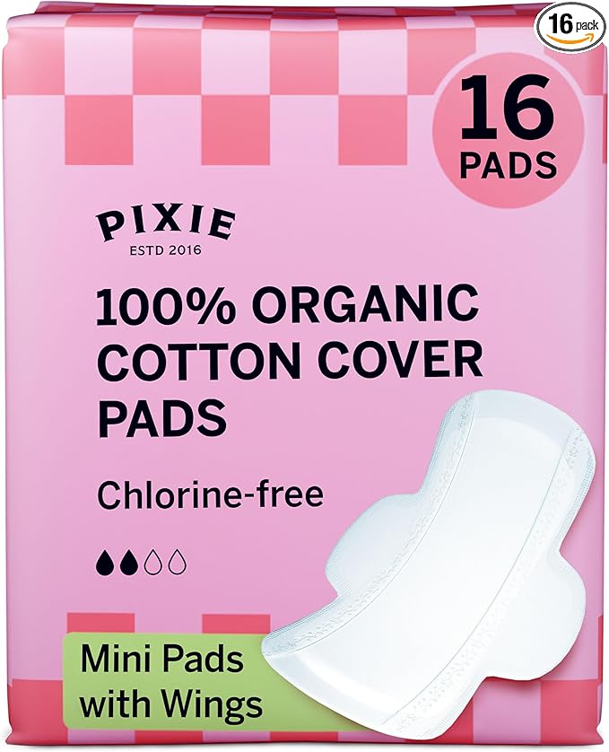 Pixie Organic Pads Ultra Thin Mini Cotton for Teens - Liners with Wings - Light Absorbency Menstrual Pads - Hypoallergenic, Unscented & Biodegradable for Feminine Care - FSA Eligible - 16 Count