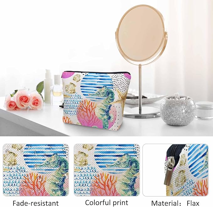 Kalygon Makeup Bag Seahorse Makeup Bags For Purse Pouch, Sea Animal Coral Reef Seashell Seahorses Travel Toiletry Bag Cosmetic Bag Makeup Bags Flax Makeup Organizer Bag Pencil Pouch For Man Woman