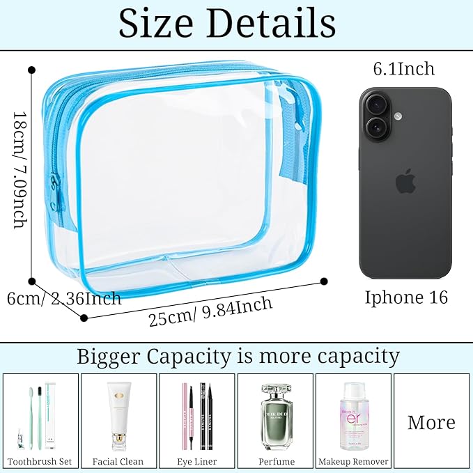 6 Pieces Large Clear Makeup Bags Bulk TSA Approved Toiletry Bag for Travel Transparent Clear Cosmetic Pouch with Zipper, Waterproof Plastic Organizer Case for Carry-on Travel Essentials (Blue)