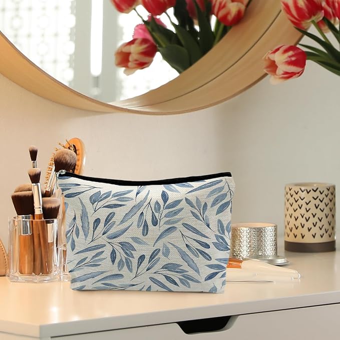 RYYCDOI Blue Floral Makeup Bag Pouch, Blue and White Chinoiserie Makeup Pouch, Floral Cosmetic Bag, Boho Botanical Leaves Cosmetic Bag for Women