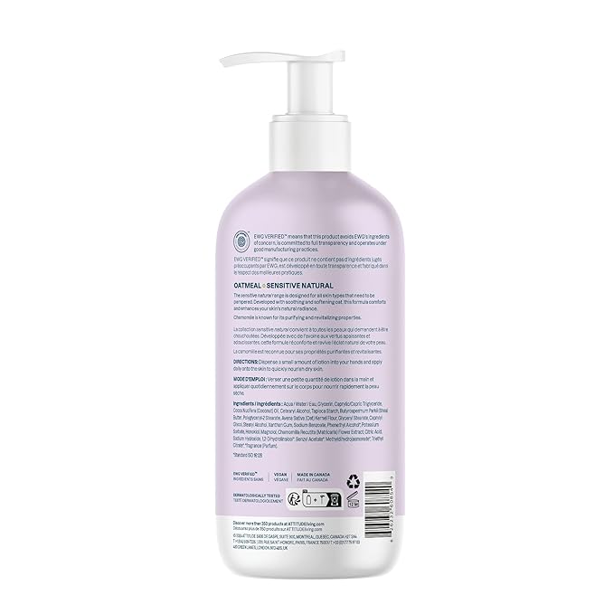 ATTITUDE Sensitive Skin Body Lotion, Soothing Oat Formula, Hydrating Care for Dry Skin, EWG Verified, Dermatologically Tested, Vegan, Sweet Jasmine Scent, 16 Fl Oz