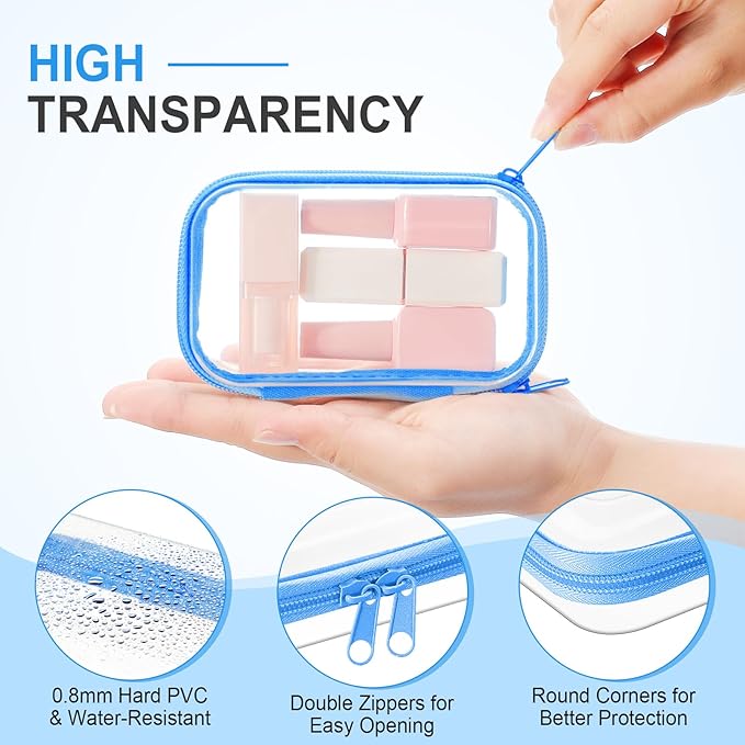 Hoolerry 3 Pcs Clear Hard Zipper Case Hard Plastic Zipper Pouch Makeup Bag Portable Travel Organizer for Cosmetics, Office Supplies, Documents & Toiletries(Blue,Xs)