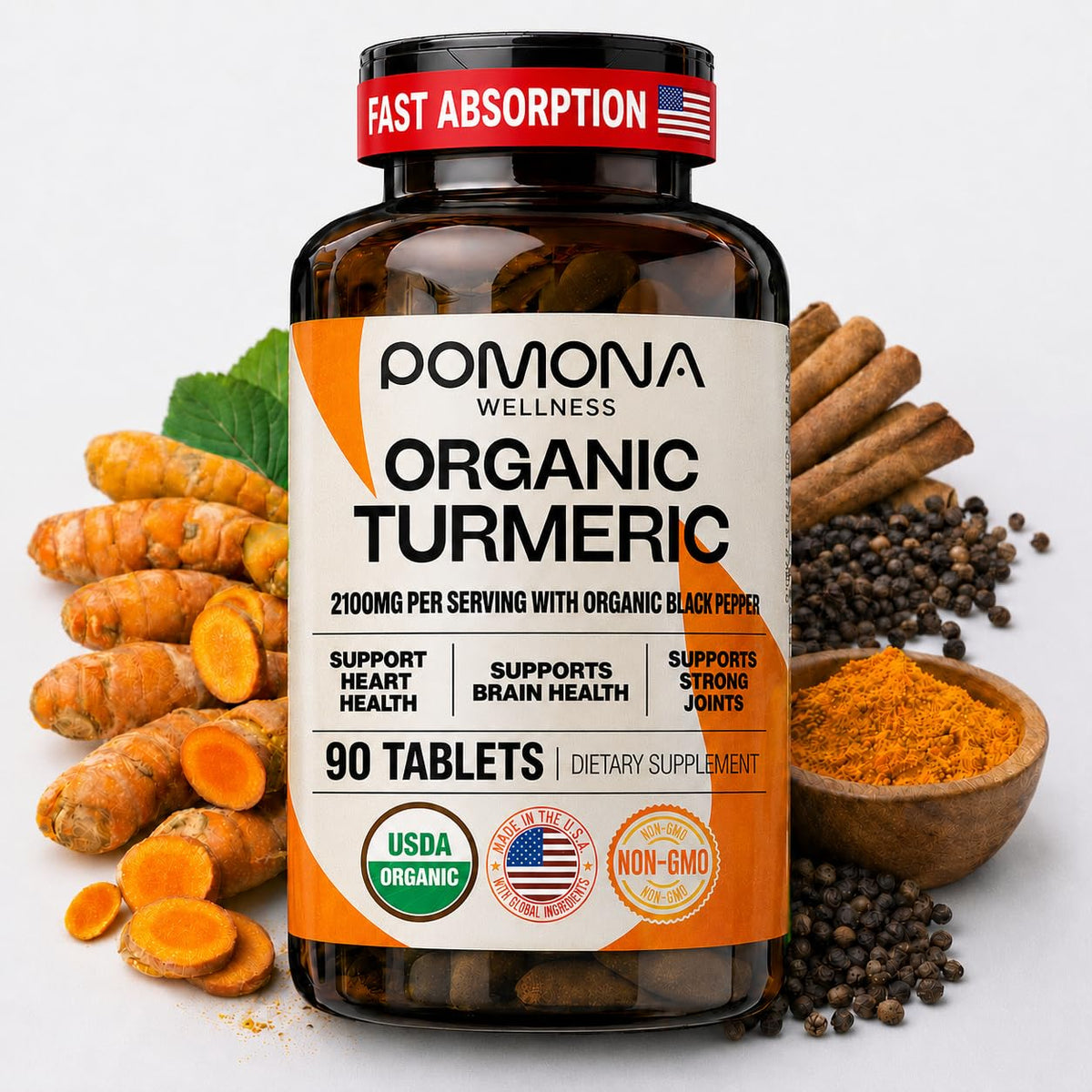 Pomona Organic Turmeric Curcumin Supplement with Black Pepper, 120 Tablets