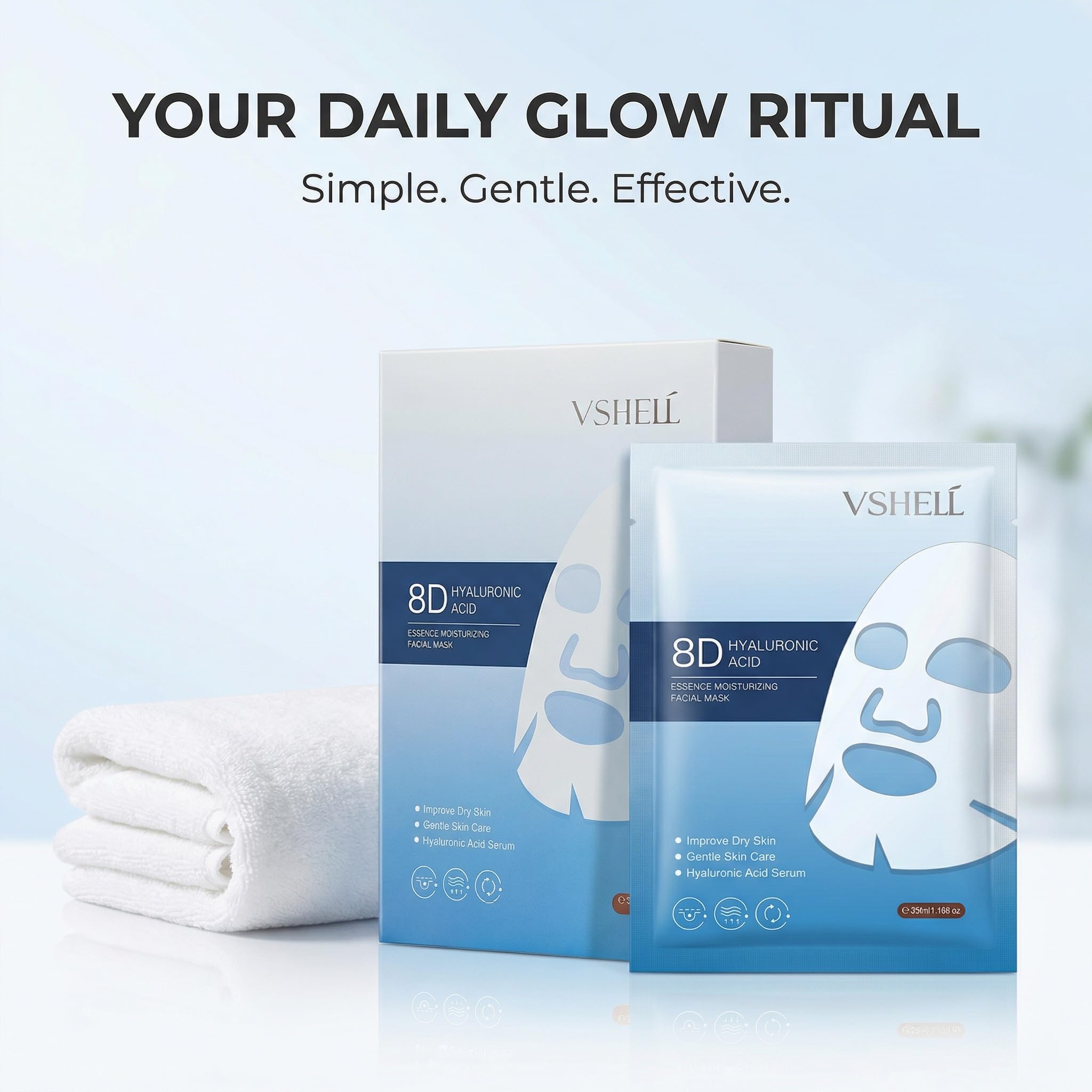 VSHELL Hyaluronic Acid Face Sheet Mask – Hydrating & Plumping Facial Mask for Dry Skin – Deep Moisturizing Skincare for Radiant Glass Skin Glow – Daily Use – 10 Pack