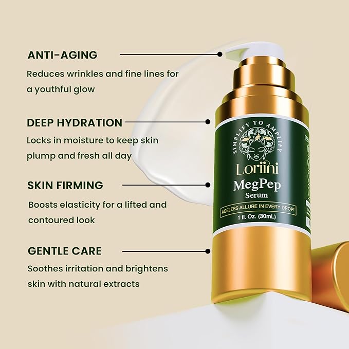 Loriini™ MegPep Multi-Peptide Anti-Aging Serum – Ceramide Serum with Hyaluronic Acid, Gold for Hydration, Firming, Wrinkles & Fine Lines, Gifts for Mom, for Sensitive Skin Type, Paraben-Free – 1 Fl Oz