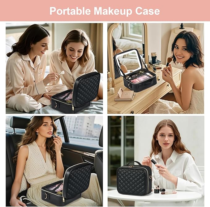 BEAUTY CASE Makeup Bag with Led Mirror, 10 Inch Portable Cosmetic Vanity Organizer Case with Adjustable Dividers, USB Charging, Large Capacity, Ideal for Travel, Gift for Women Girls, Black