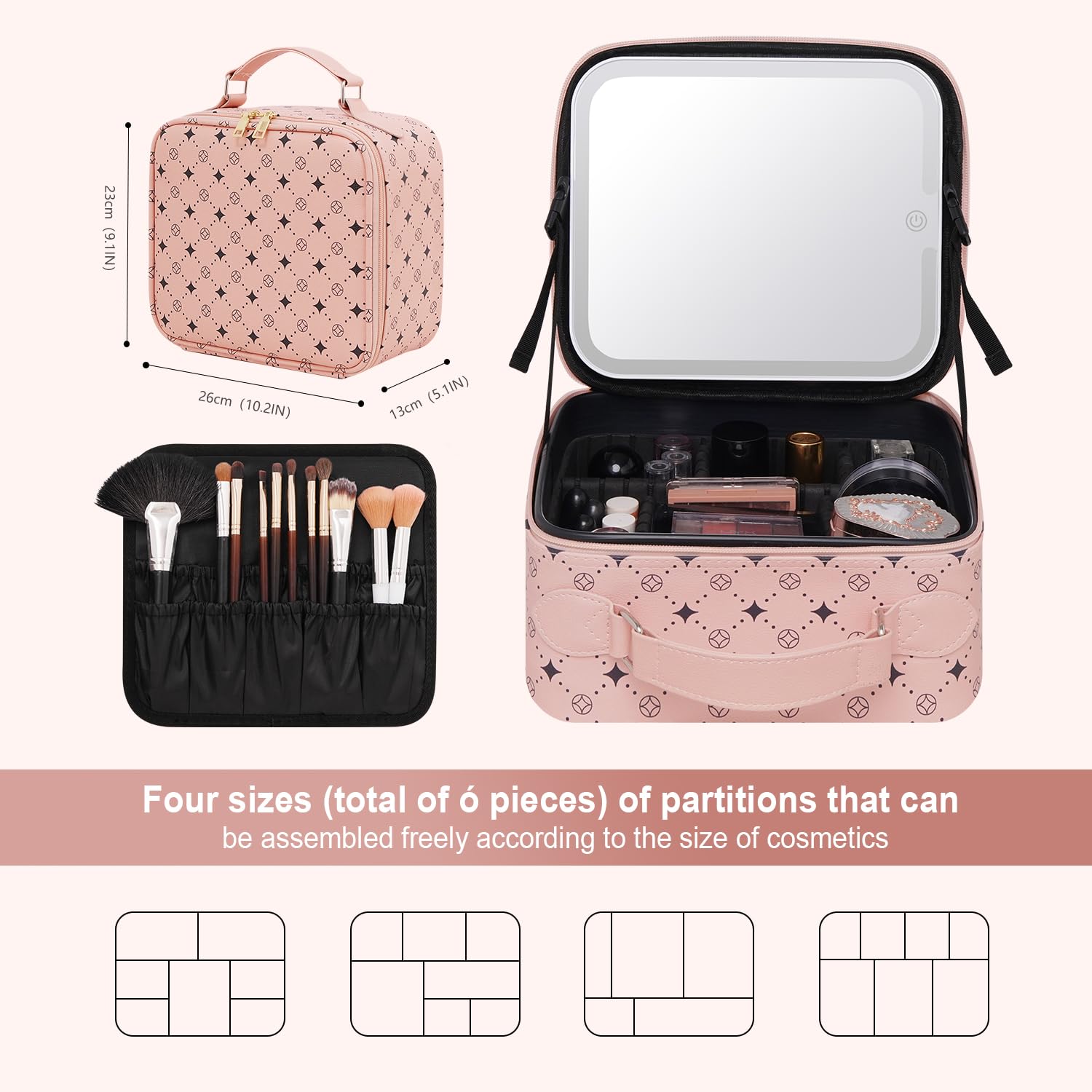 M Y U R E N Travel Makeup Bag With 360° rotating LED Mirror,Waterproof cosmetic organizer,Portability Cosmetic case,Makeup organizer,Gift for Women,Girls Gift (Pink)