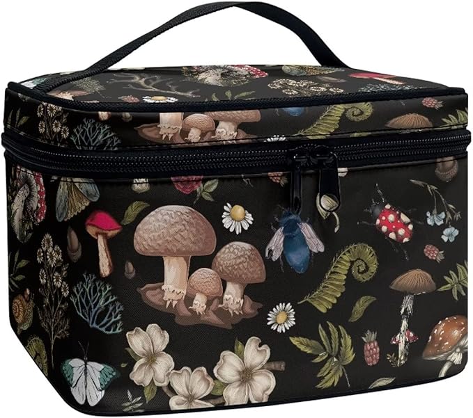 Drydeepin Dark Cottagecore Forest Mystical Moss Mushroom Print Makeup Travel Bag Portable Cosmetic Bags with Handle Travel Accessories Large Toiletry Bags for Traveling Women Organizer and Storage