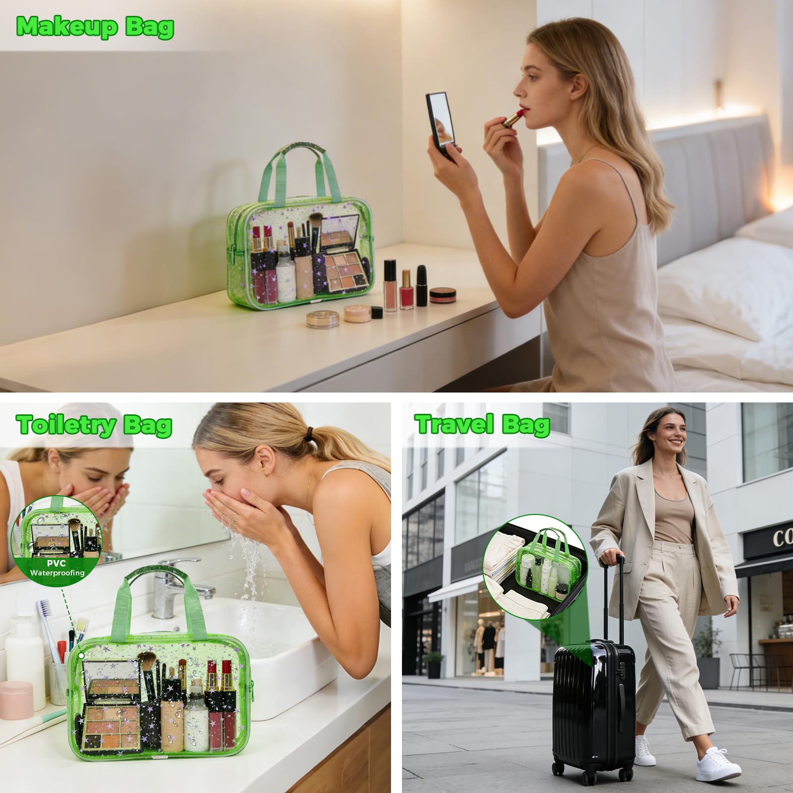 Junesters Large Clear Makeup Bag 12x5x8 Green Star Pattern - Waterproof PVC Travel Cosmetic Organizer with Handle, Durable Transparent Toiletry Case for Women Girls Travel Gym Beach Storage
