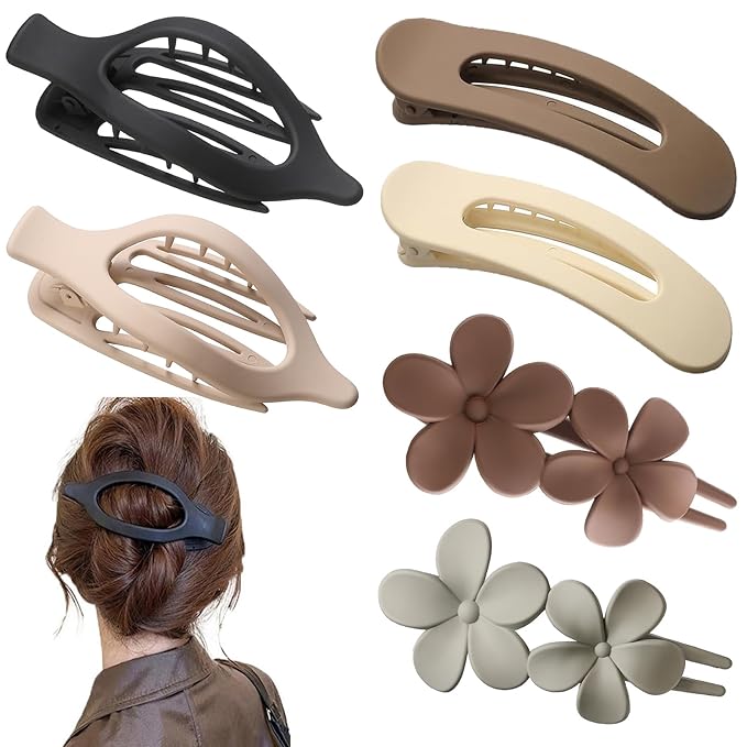 6 Pack Large Flat Claw Clips for Women, French Matte Non Slip Flat Hair Clips, 3 Styles Strong Hold Side Slide Barrettes for Thick Thin Fine Hair, Duckbill No Crease Hair Accessories (Black&White)