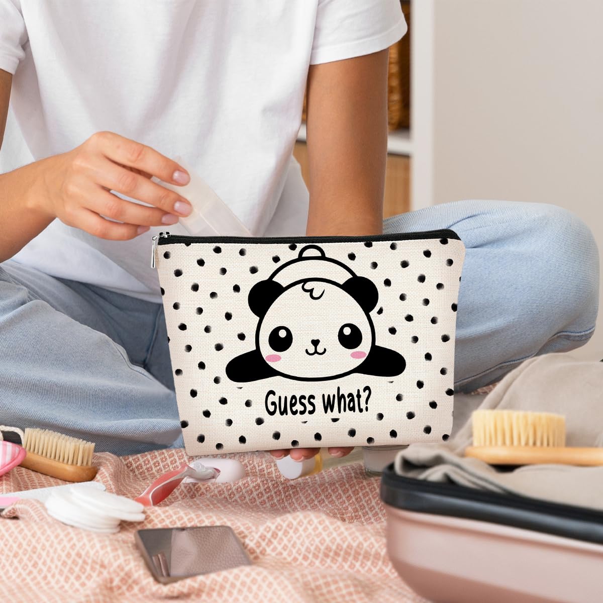 BARPERY Panda Gifts Makeup Bag for Women Girls - Cute Baby Panda 'Guess What It's Pug Butt' Cosmetic Case for Teens Daughter - Accessories (Black and White Dots 1)