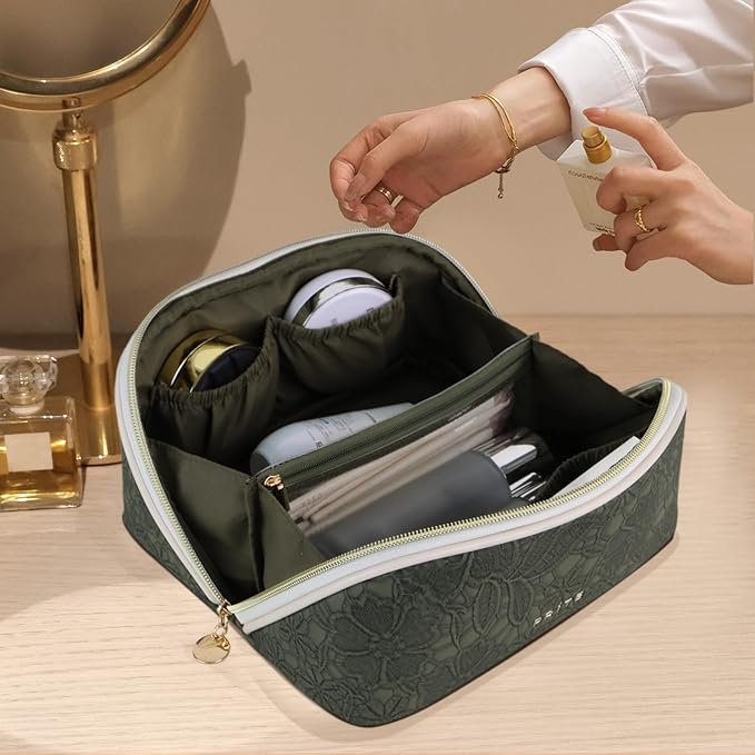 Prite Makeup Bag Travel Toiletry Bag Open Flat Cosmetic Organizer for Women