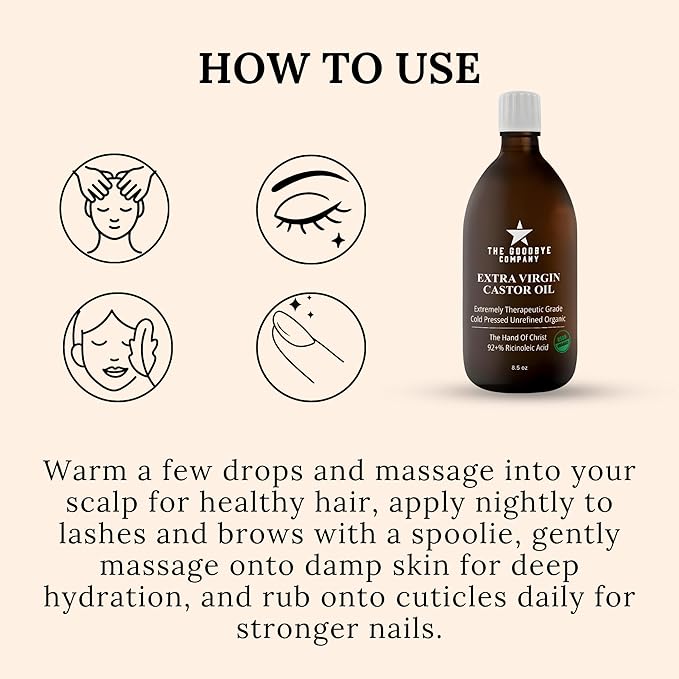 Goodbye Company USDA Organic Cold-Pressed Castor Oil, 8.5 oz Glass Bottle, Hexane-Free, Extra Virgin, Ethically Sourced, Pure Castor Oil for Hair, Skin, Lashes & Brows