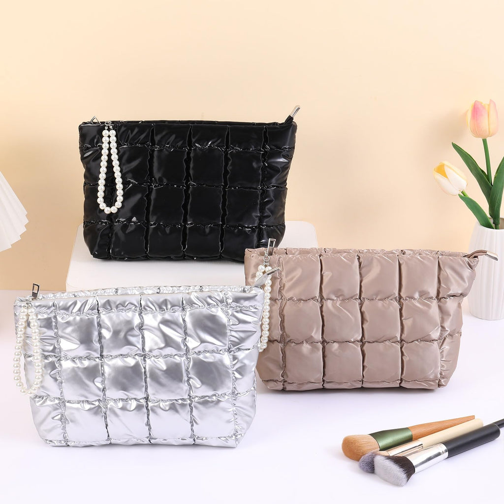 Beayuva Puffer Quilted Makeup Bag Travel Cosmetic Bag Portable Puffy Checkered Toiletry Pouch Skincare Organizer Purse Pencil Case (Black)