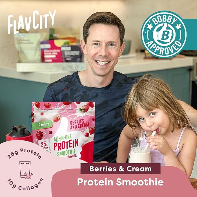 FlavCity All in One Protein Shake Powder, Berries and Cream - On the Go Meal Alternative + Collagen Peptides, Reishi & Cordyceps - Focus, Skin, Hair & Joint Support - 100% Grass Fed Whey, 20 Servings