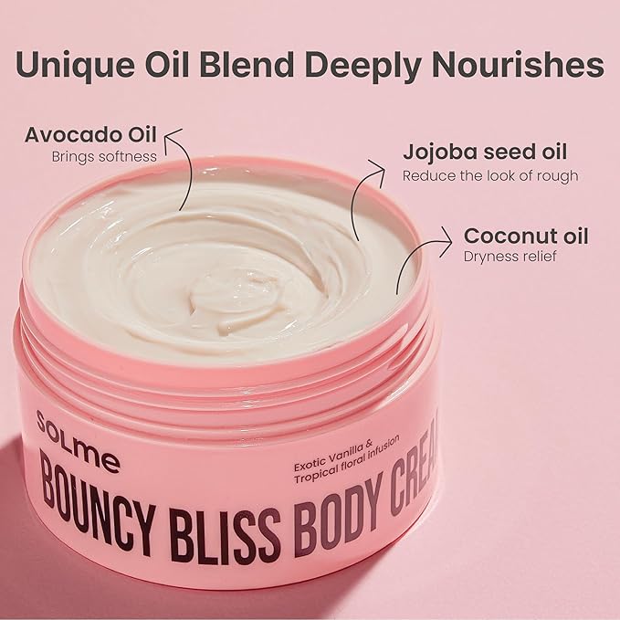 SOLME Bouncy Bliss Body Cream - Viral Glass Skin Body Butter | Smells like a Warm Hug | Long-Lasting Peach Vanilla Scent | Korean Glow Technology | Peptide & Niacinamide | Luxury Dupe | 6.76 fl oz