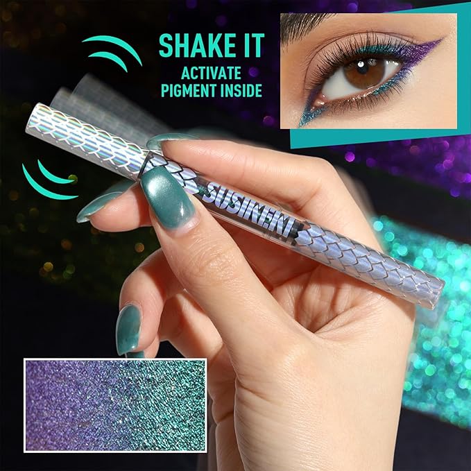 SUSIKEKI Chameleon Liquid Eyeliner, Green Purple Color Shifting Metallic Shimmer Eye Liner, Waterproof Long Lasting Duo-Color Glitter Eye Makeup Pen, #2 Baroque Emerald