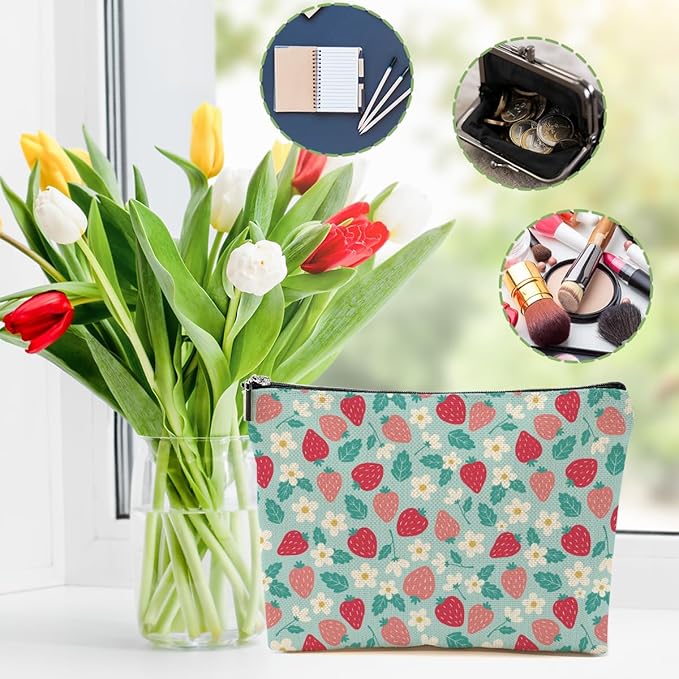 DHKG Cute Flowers Strawberry Makeup Bag Floral Cosmetic Bag Friend Friendship Gifts for Women Girls Sister Mom Coworker Botanical Travel Organizer Zipper Pouch Christmas Thanksgiving Birthday Gifts