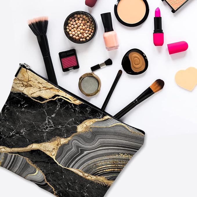 Givotin Cute Makeup Bag for Purse Canvas Waterproof Funny Cosmetic Bags for Women Zipper Travel Toiletry Pouch-Black Marble Makeup Bags