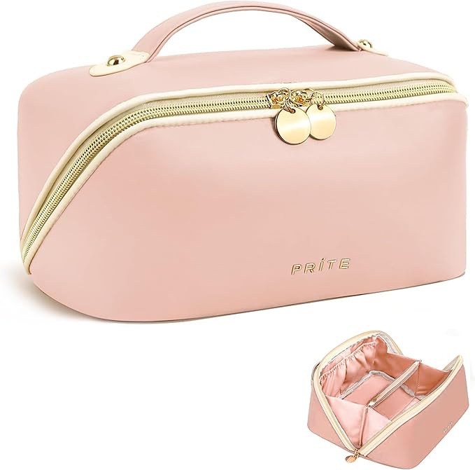 Prite Makeup Bag Travel Toiletry Bag Open Flat Cosmetic Organizer for Women