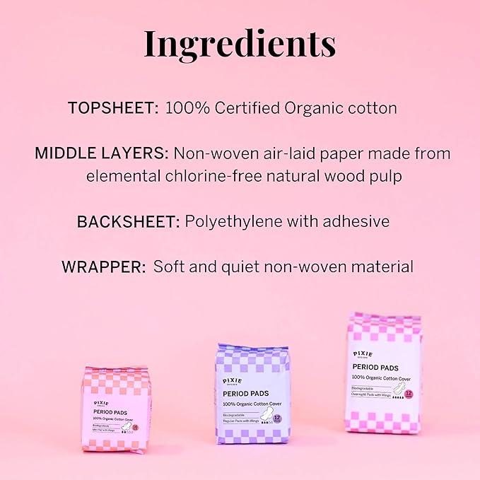 Pixie Organic Pads Ultra Thin Cotton with Wings for Women - Leak-Proof & Moisture-Wicking for Feminine Care - Compostable, Unscented Menstrual Pads - Regular Absorbency - FSA Eligible - 48 Count