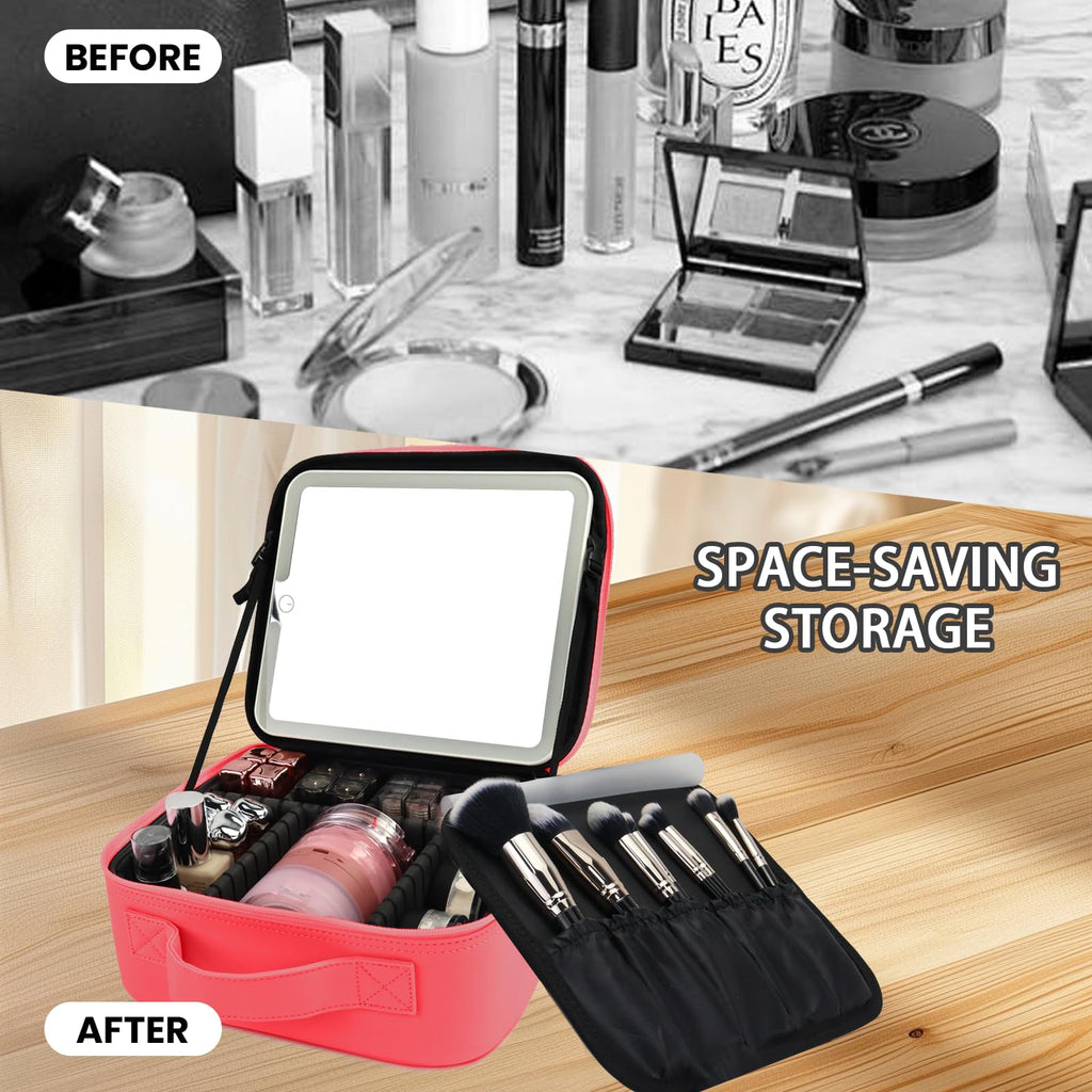 SUILU Travel Makeup Bag with LED Mirror and Light Makeup Travel Bag Organizer Portable Cosmetic Brush Organizer Bag with Adjustable Dividers for Cosmetics Makeup Brushes Toiletry (Light Red)