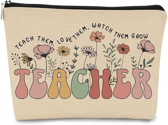 BARPERY Teacher Appreciation Gifts, Thank You Teacher Gift Vintage Wildflowers Floral Cosmetic Bag, 60s 70s Groovy Retro Floral Cosmetic Bag for Women