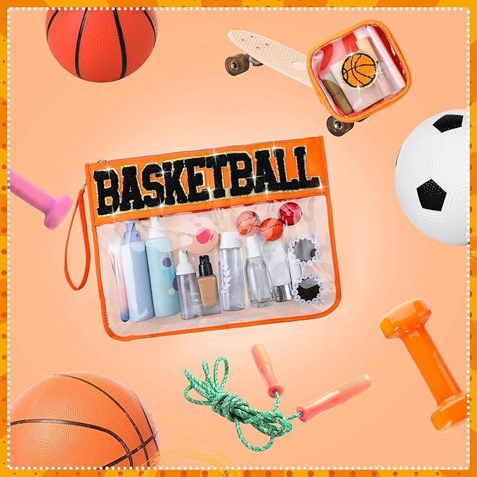 2 Pcs Basketball Gift Bag Girl Basketball Goodie Bag for Snack Treat Candy March Madnesss Clear Makeup Cosmetic Toiletry Purse Chenille Letter Zipper Pouch for Women Sport Mom Essential Accessory