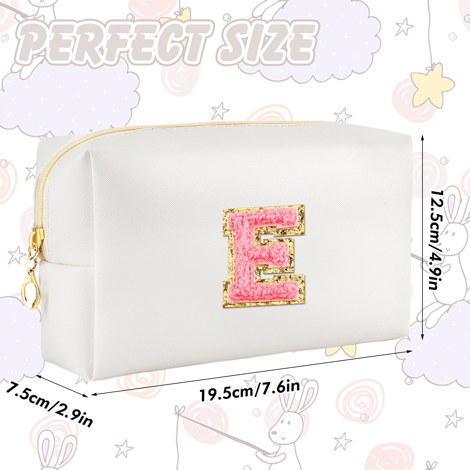 URSKYTOUS Initial Makeup Bag Personalized Preppy Travel Small Cosmetic Bag Cute PU White Chenille Letter Makeup Pouch for Purse Waterproof Zippered Toiletry Organizer for Women Girls Kids Friends (E)