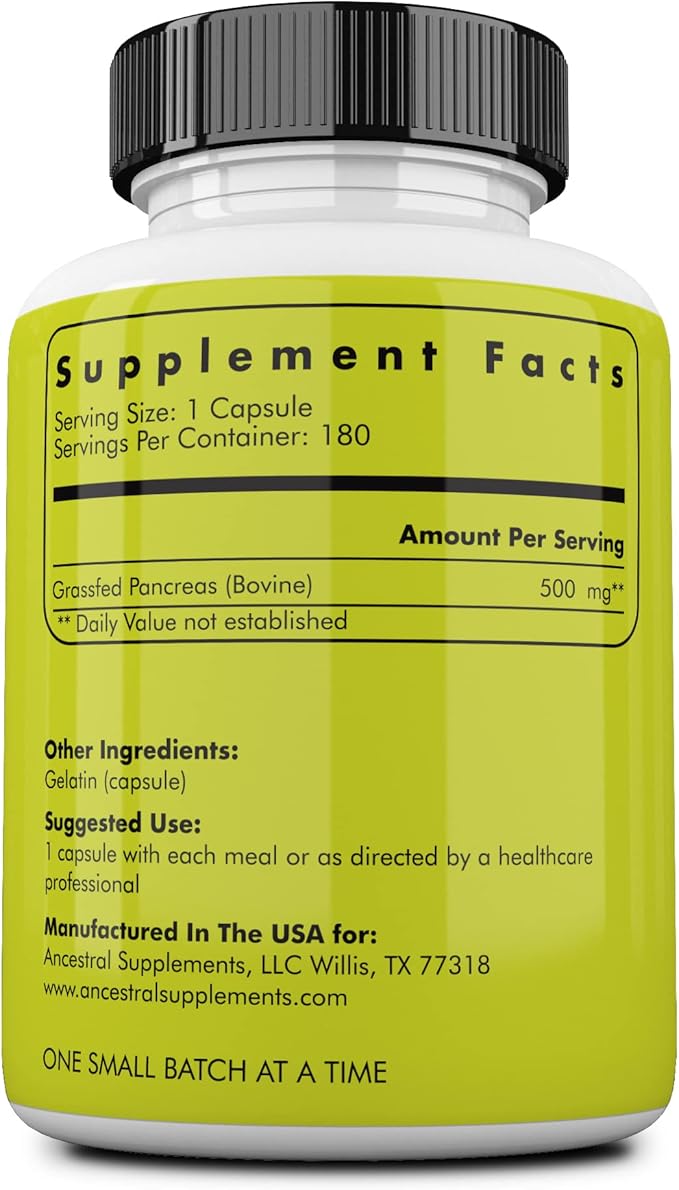 Ancestral Supplements Grass Fed Beef Pancreas Supplement, 500mg, 180 Ct